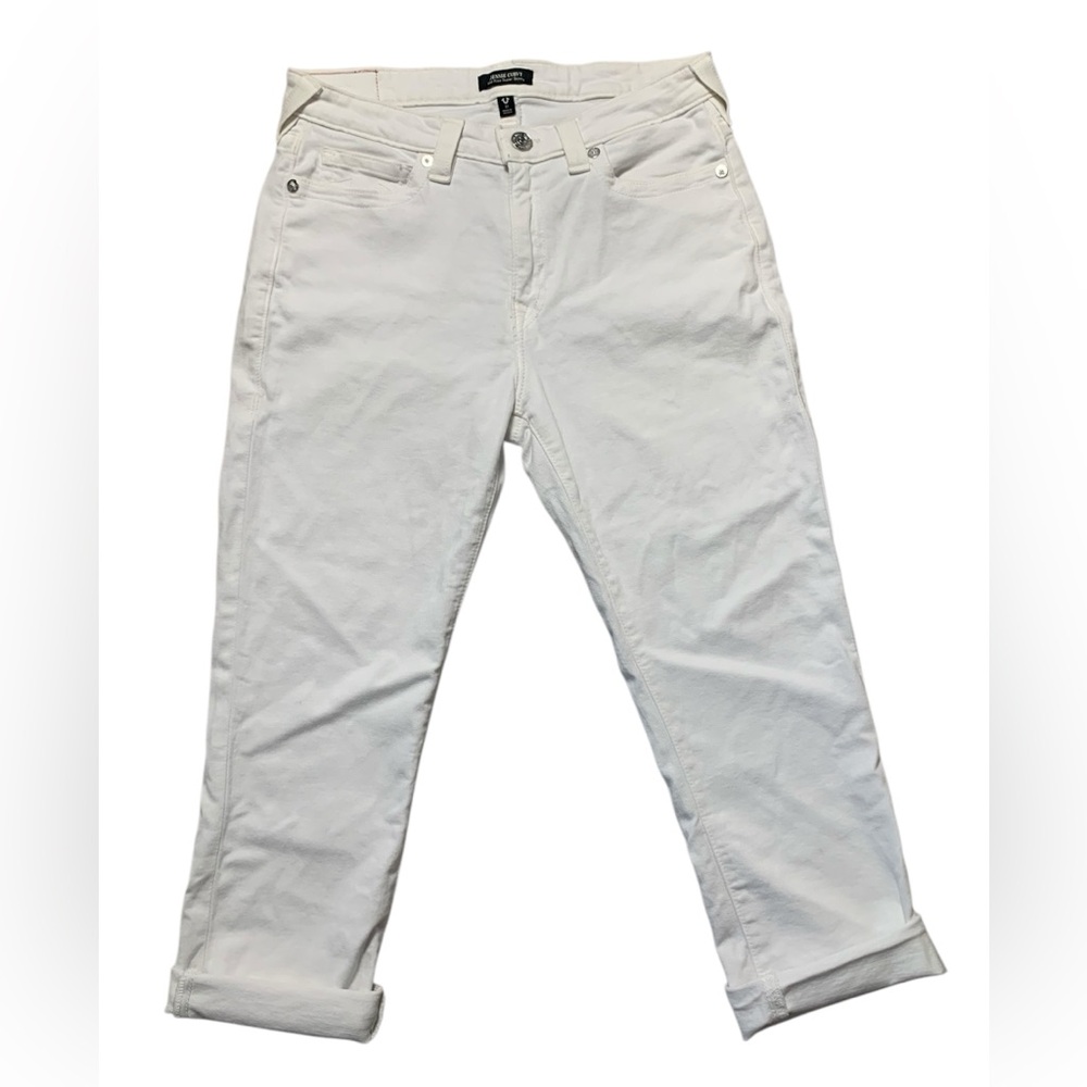 True Religion Jennie Curvy Mid Rise Super Skinny White Capri Jeans 31